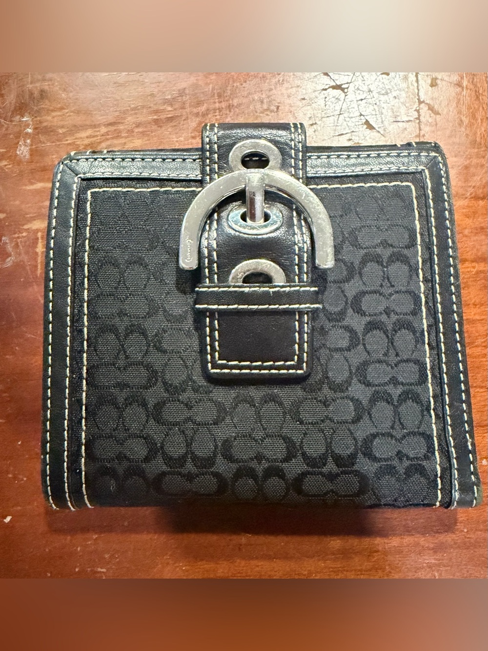 Vintage Coach Soho Bifold Wallet Black Signature Jacquard Canvas Leather Buckle